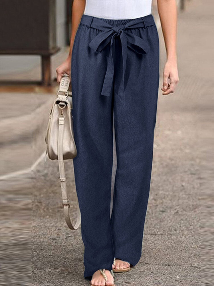Women's Loose-Fitting Pants with Tie Closure – Comfortable Casual Trousers with High Waist