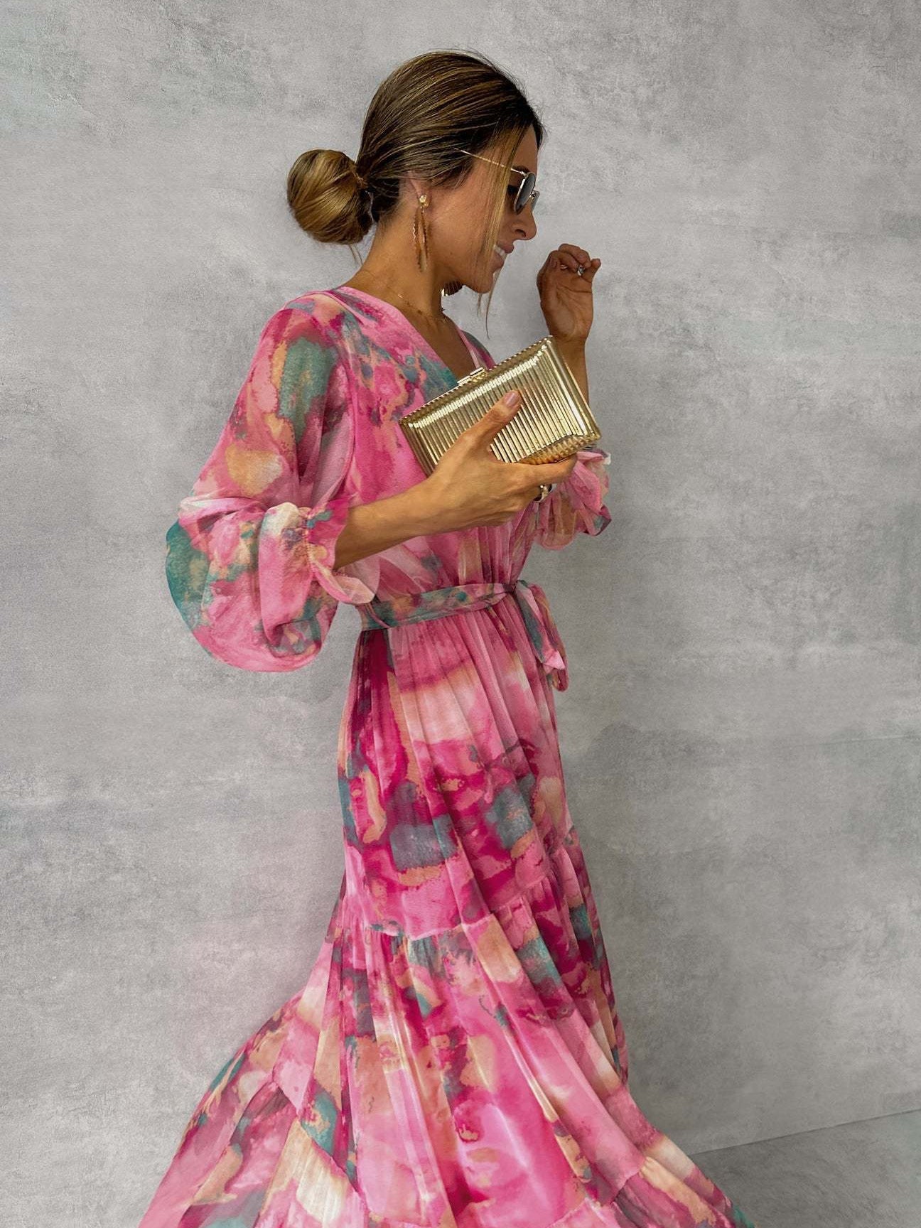 Gillian – Elegant Chiffon Dress with Drawstring and Patchwork