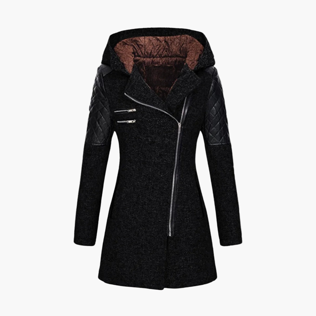 Women's Long Coat with Hood and Tweed Style – Fashionable Winter Coat with Zipper and Leather Accents