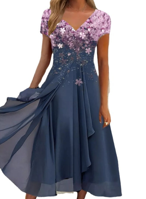 Ladies Elegant Evening Dress with Flower Detail and V-Neck