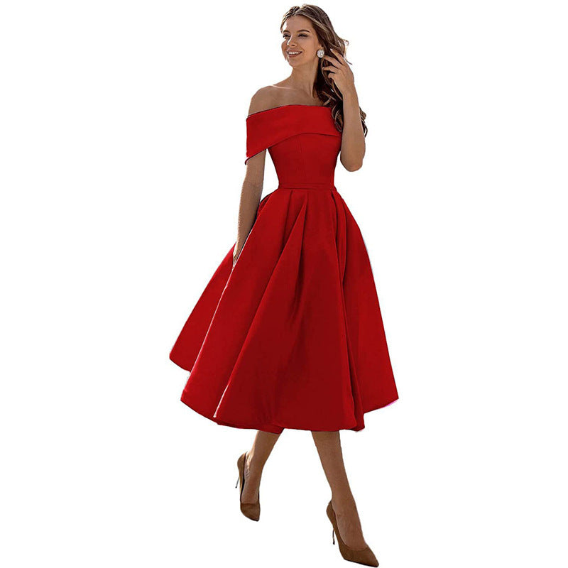 Ladies Off-Shoulder Cocktail Dress with Elegant Pleated Skirt