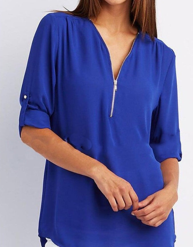 Denise – Zip V-neck Shirt Short Sleeve