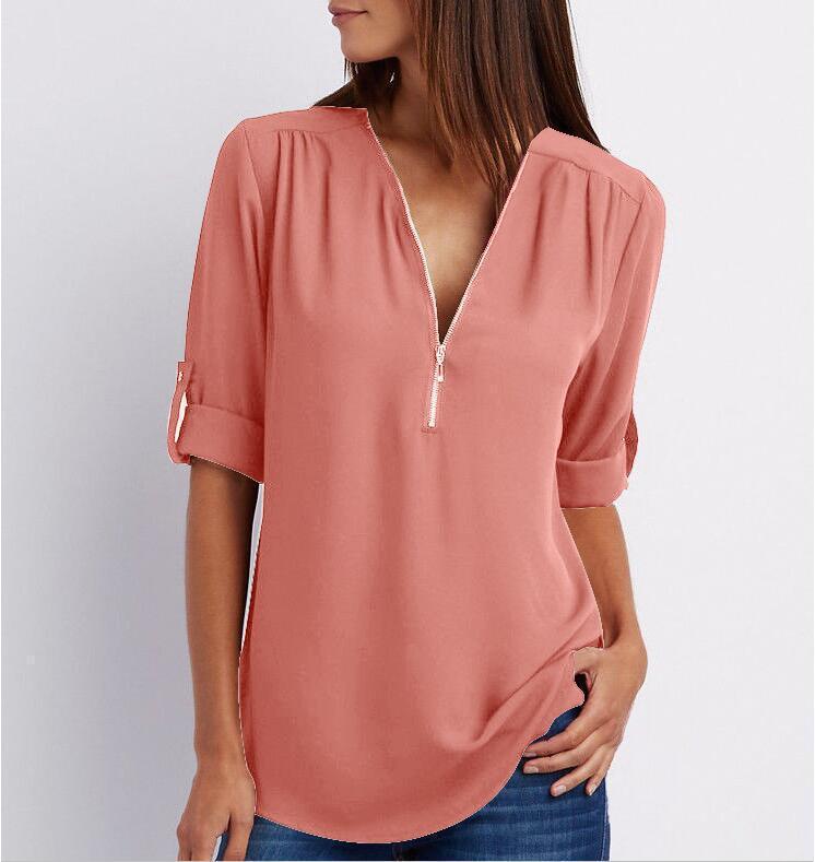 Denise – Zip V-neck Shirt Short Sleeve