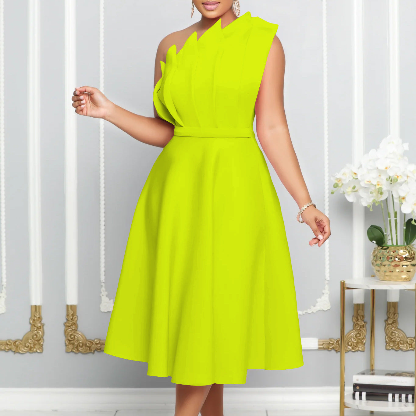 Kathryn – Elegant One-shoulder Dress with High Waist and Ruffles