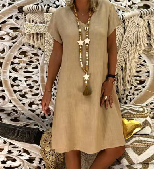 Women's Blouse Dress – Casual T-shirt Dress for Summer – Boho Ibiza Midi Dress with Short Sleeves