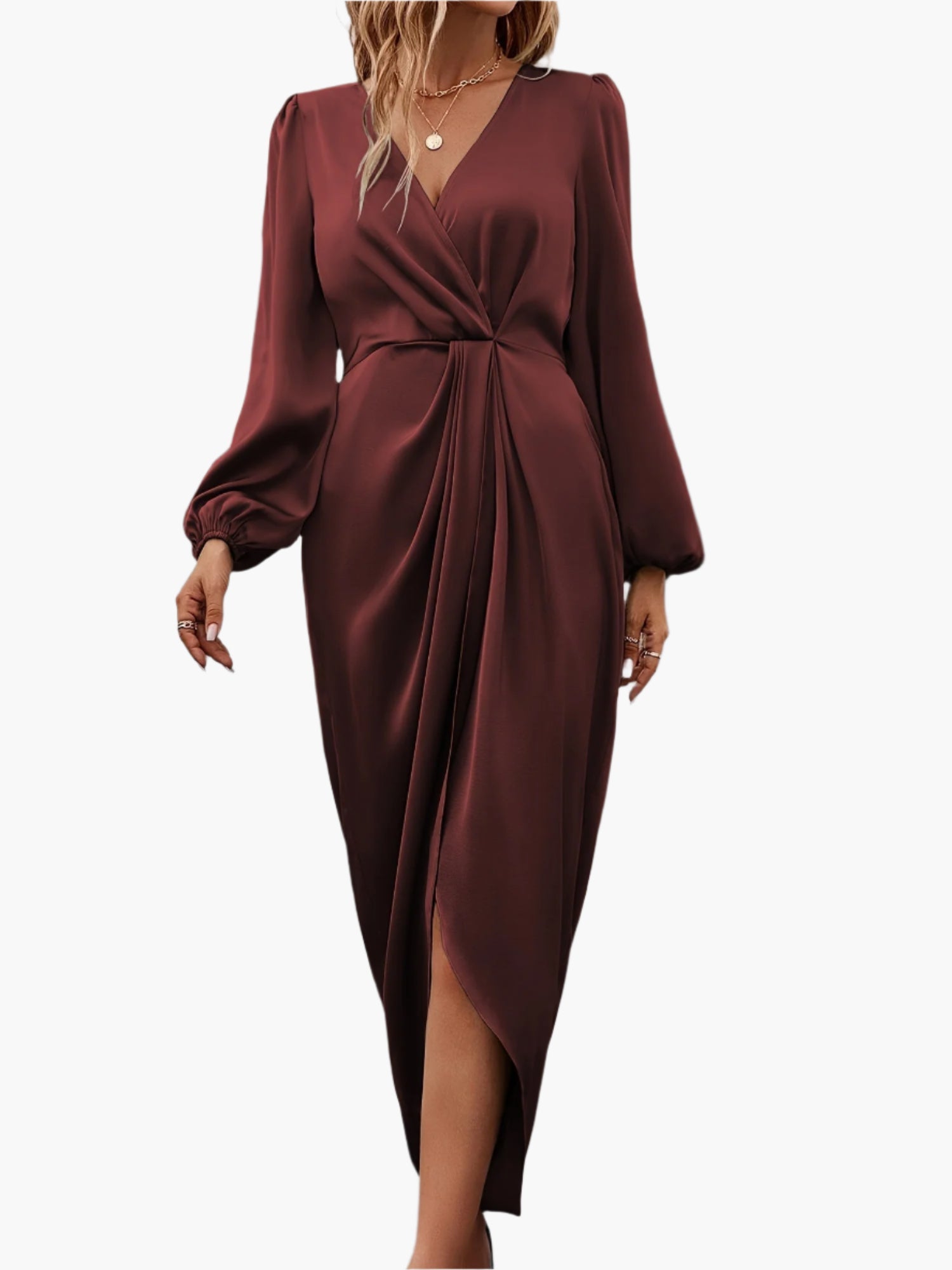 Chic ladies evening dress with long sleeves and elegant pleat detail