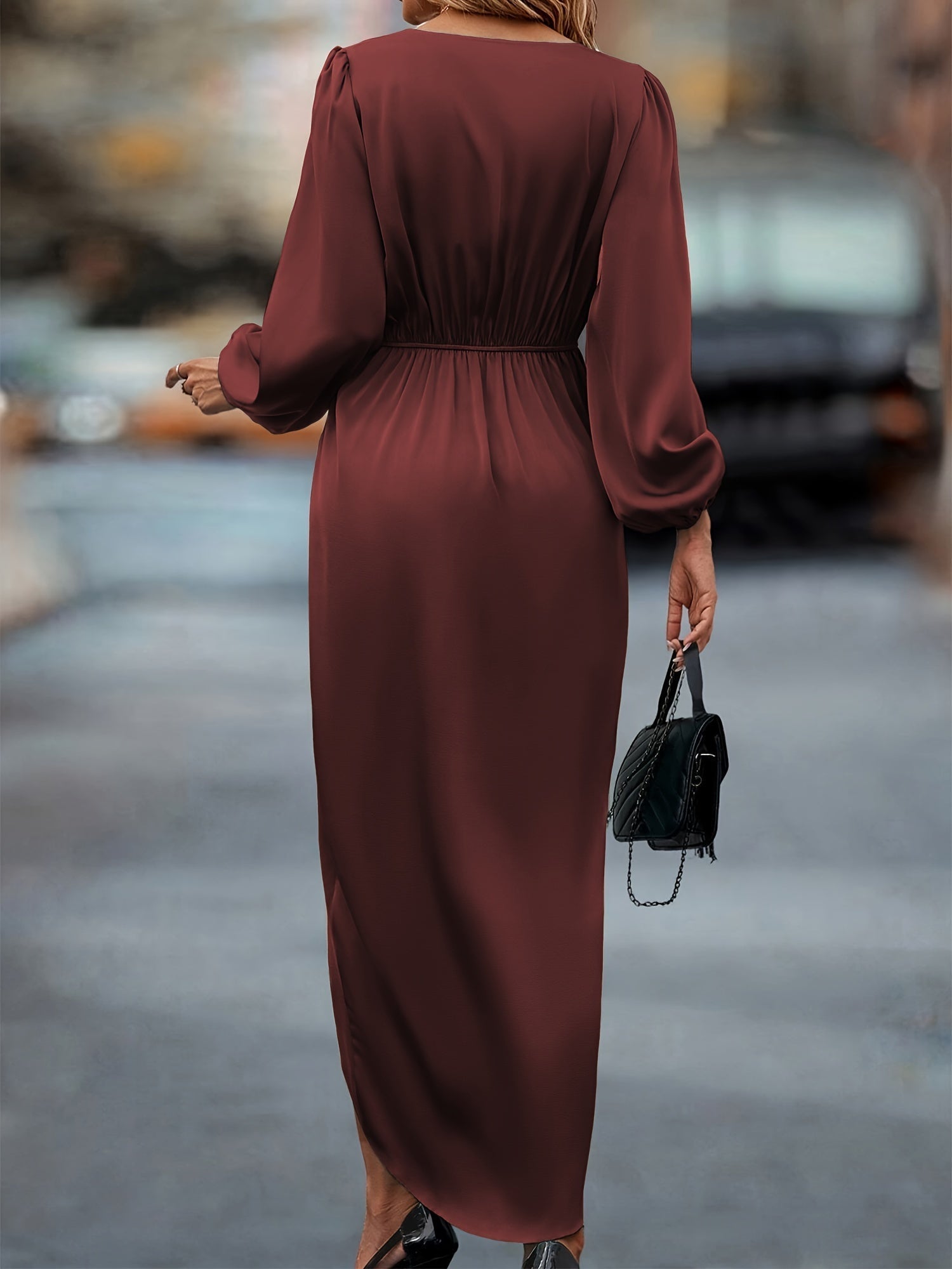 Chic ladies evening dress with long sleeves and elegant pleat detail