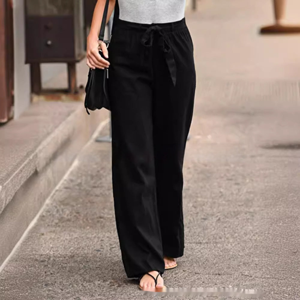 Women's Loose-Fitting Pants with Tie Closure – Comfortable Casual Trousers with High Waist