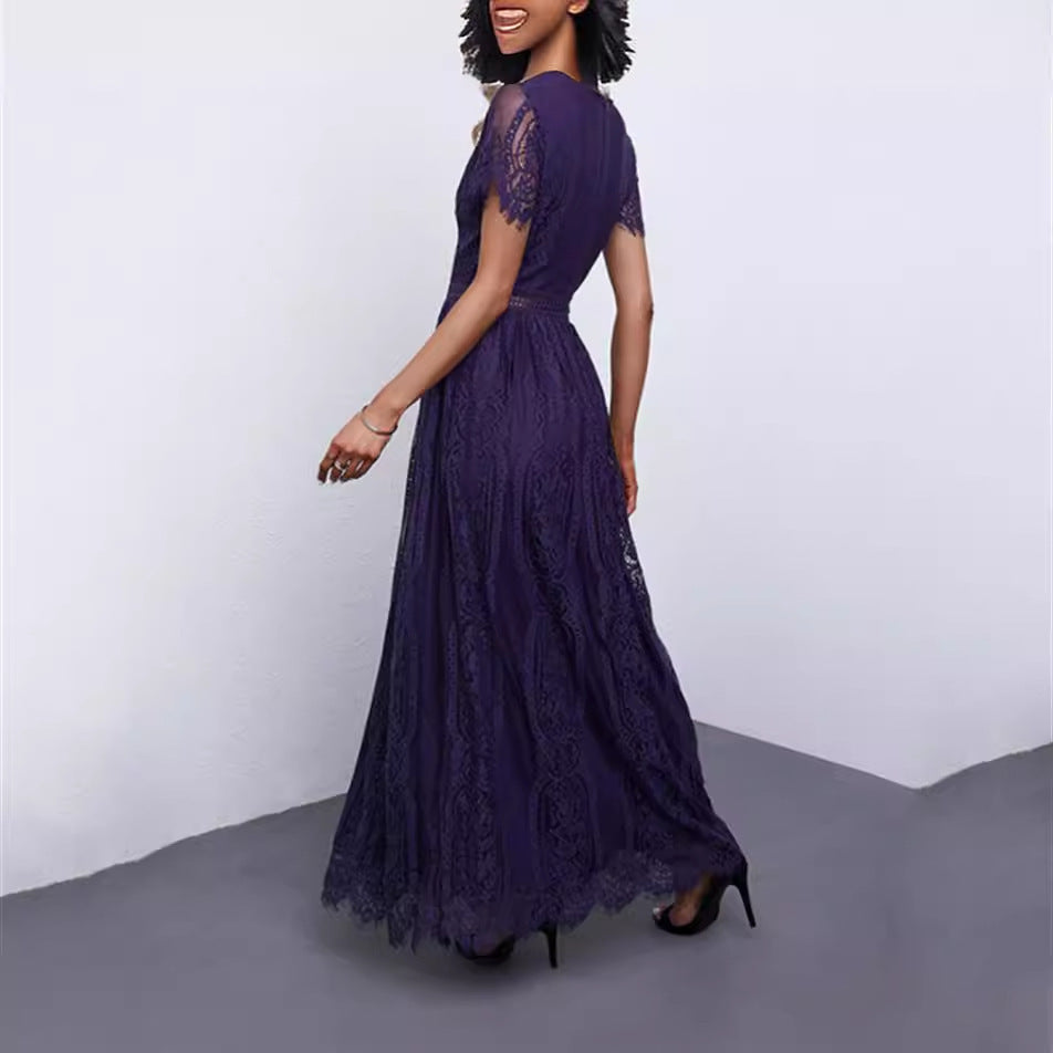 Amelia – Elegant Long Dress with Lace and Short Sleeves