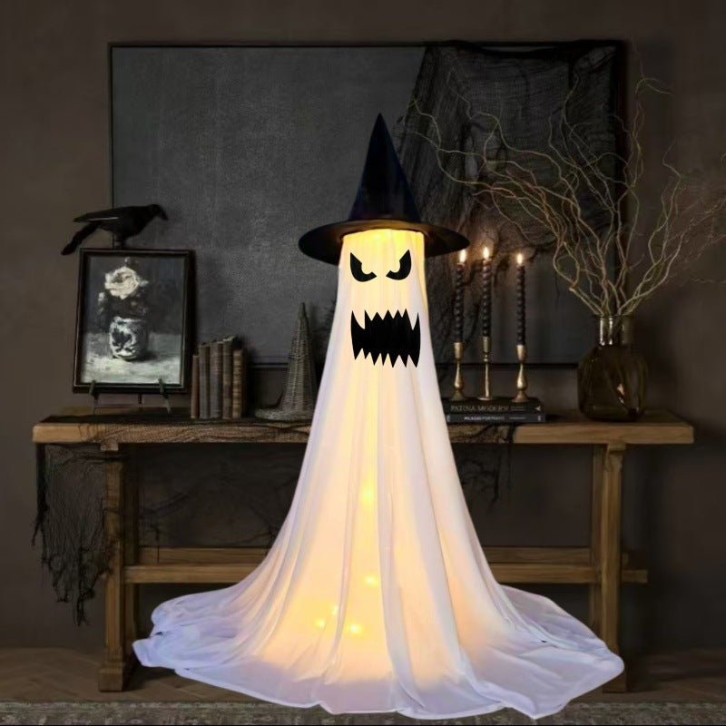 Halloween Decoration Ghost with Hat - Illuminated Ornaments for Party, Atmospheric Decoration and Trick-or-Treat