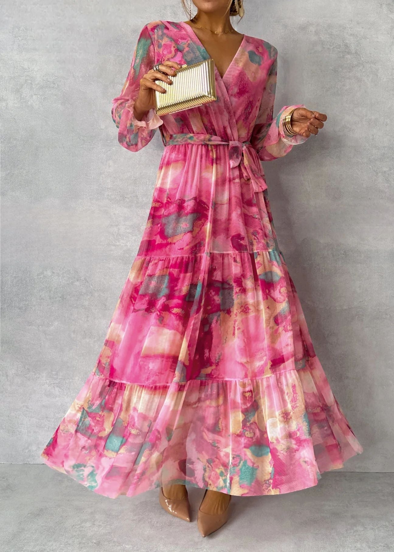 Gillian – Elegant Chiffon Dress with Drawstring and Patchwork