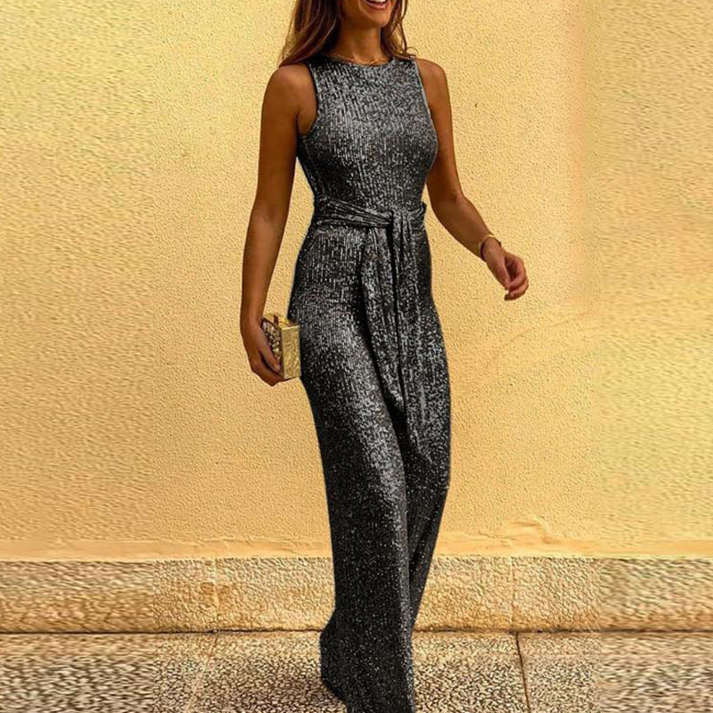 Robyn – Chic Women's Sleeveless Glitter Jumpsuit with Open Back and Bow at the Waist – Summer Style