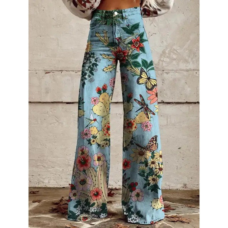 Charlotte – Printed High Waist Imitation Denim Wide Pants