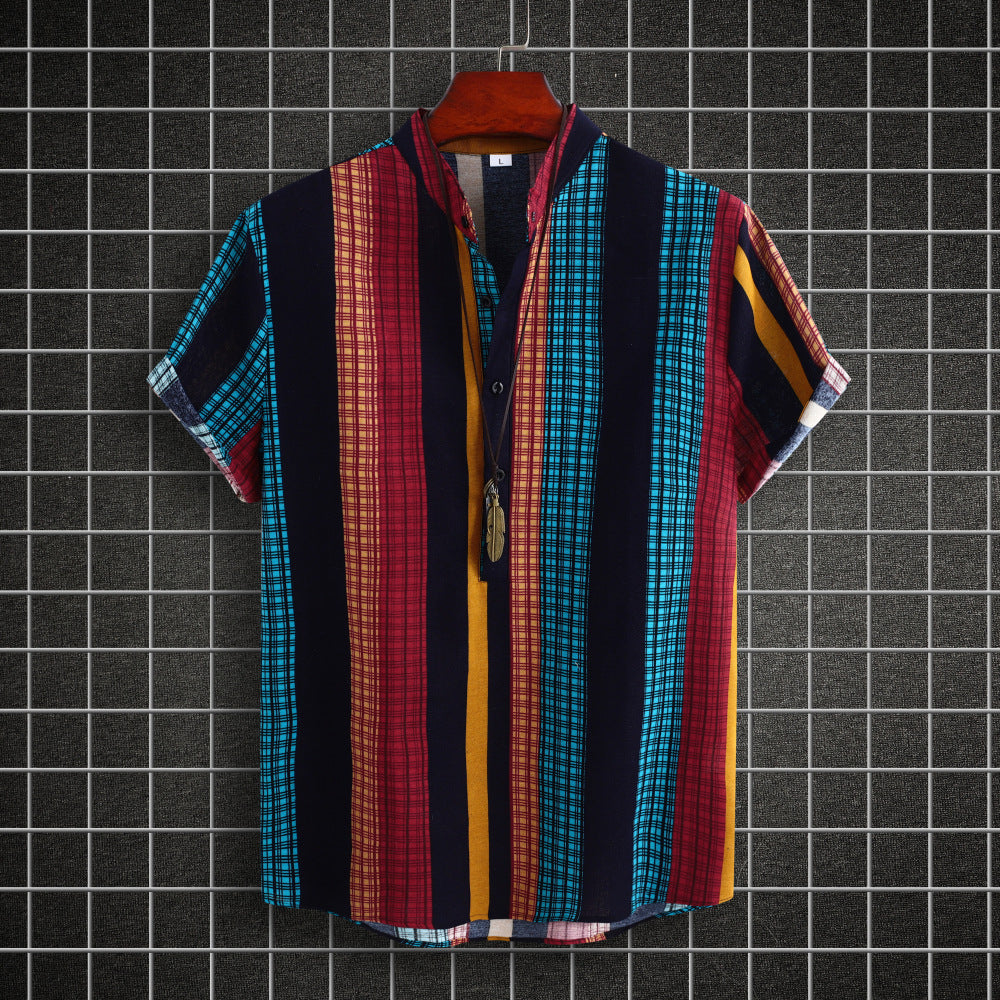 Cameron – Ethnic Style Striped Cotton-linen Shirt with Standard Collar