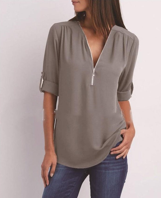 Denise – Zip V-neck Shirt Short Sleeve
