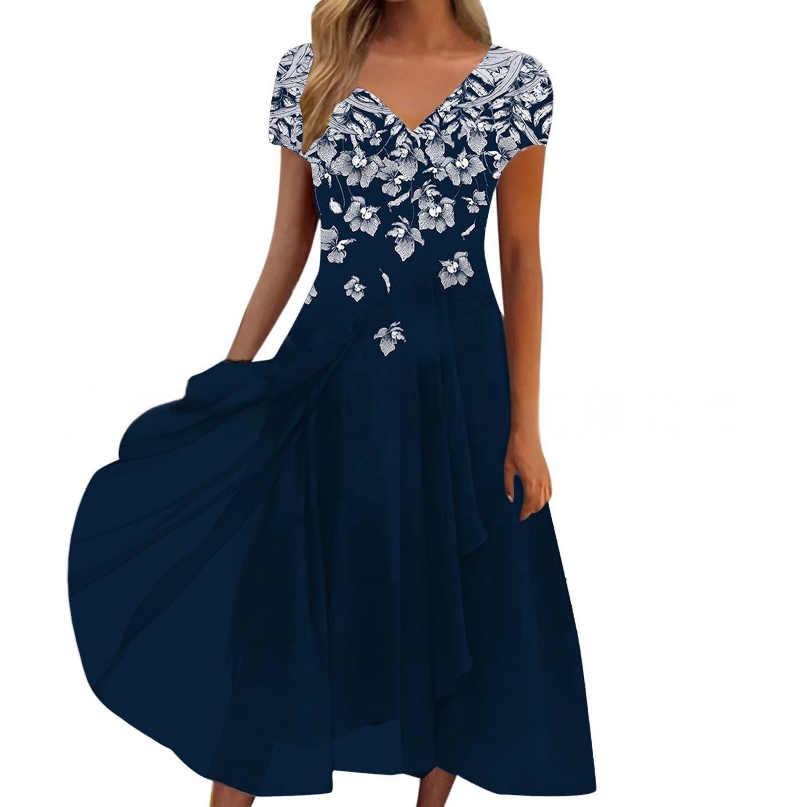 Ladies Elegant Evening Dress with Flower Detail and V-Neck