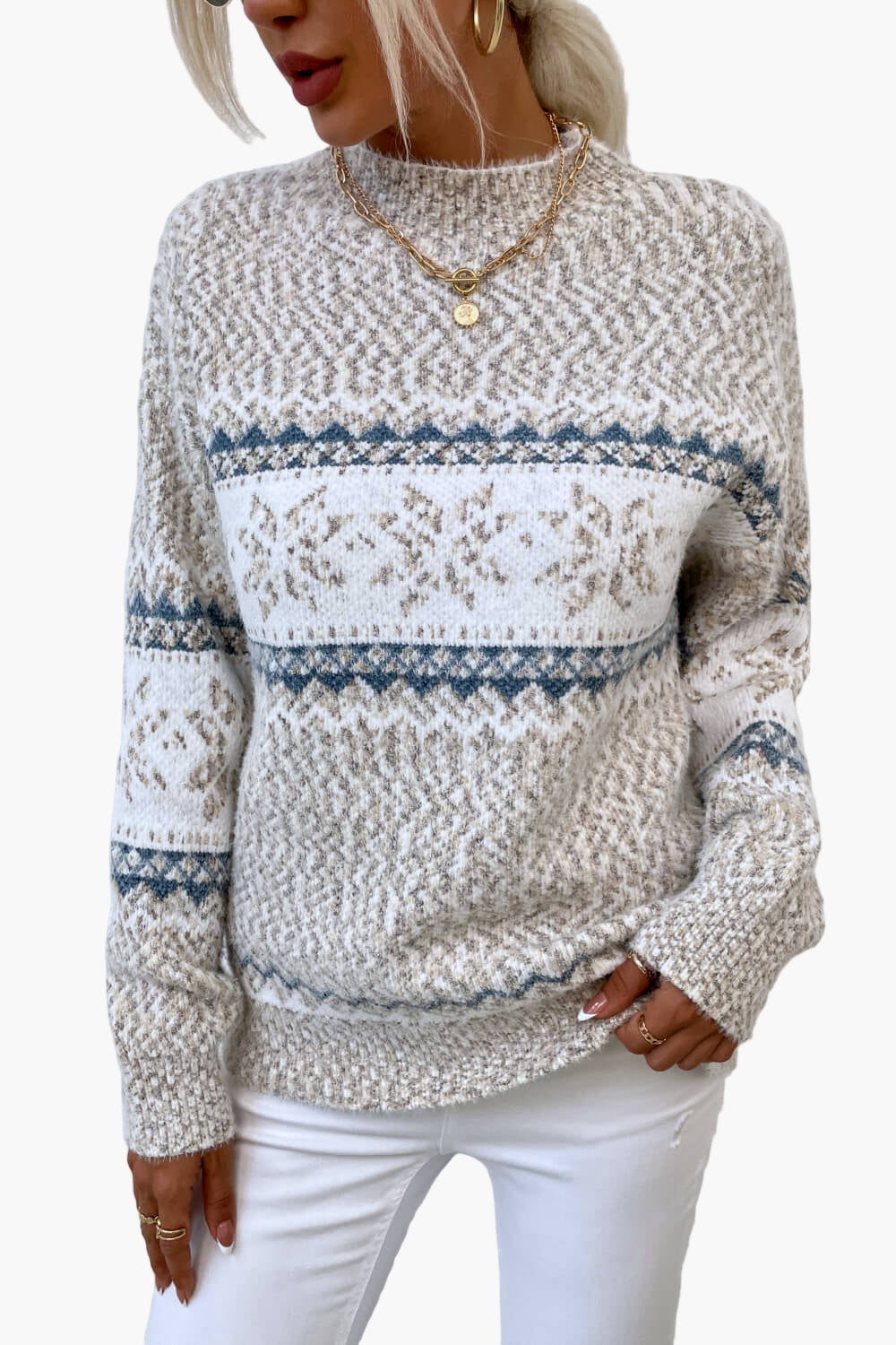 Women's Knitted Winter Sweater with Scandinavian Pattern – Comfortable Casual Snowflake Sweater
