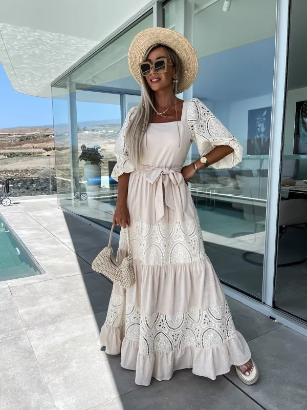 Victoria – Airy Women's Linen-look Summer Dress with Loose Fit and Tie at the Waist