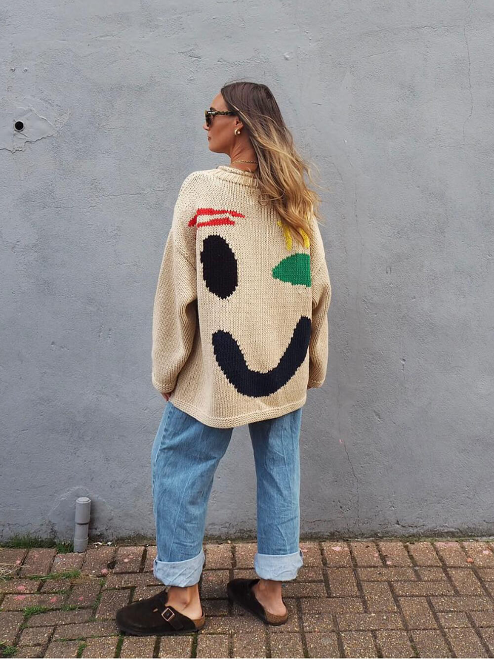Women's Knitted Sweater with Abstract Smiley - Comfortable Casual Style for Sunday & Leisure Time