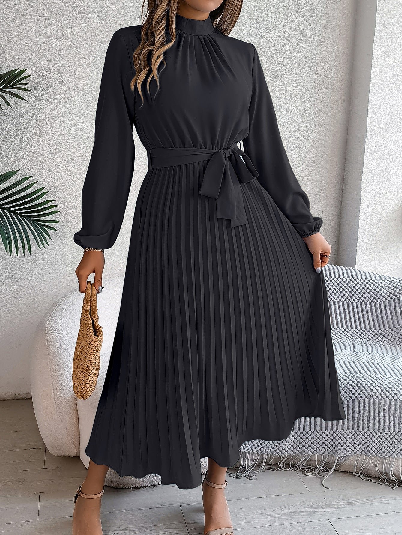 Women's Elegant Pleated Midi Dress with Bow Belt – Timeless Look for Work or Party