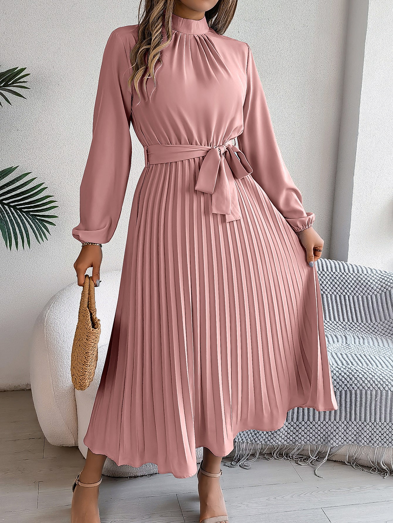 Women's Elegant Pleated Midi Dress with Bow Belt – Timeless Look for Work or Party