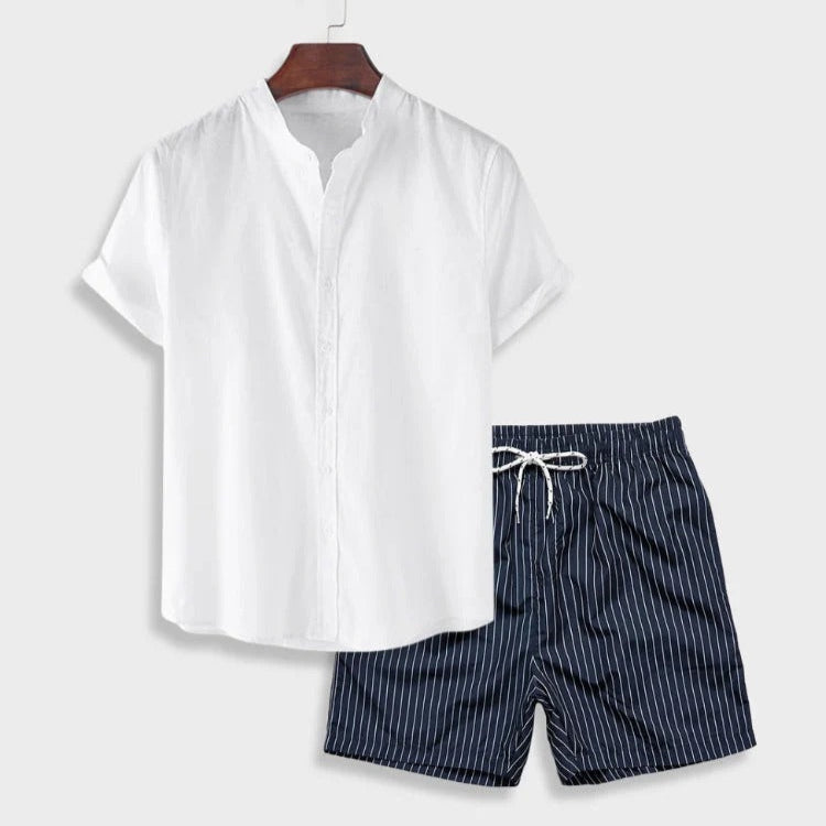 Men's Summer Set – Trendy Abstract Shirt and Shorts – Casual Style for Vacation and Leisure Time