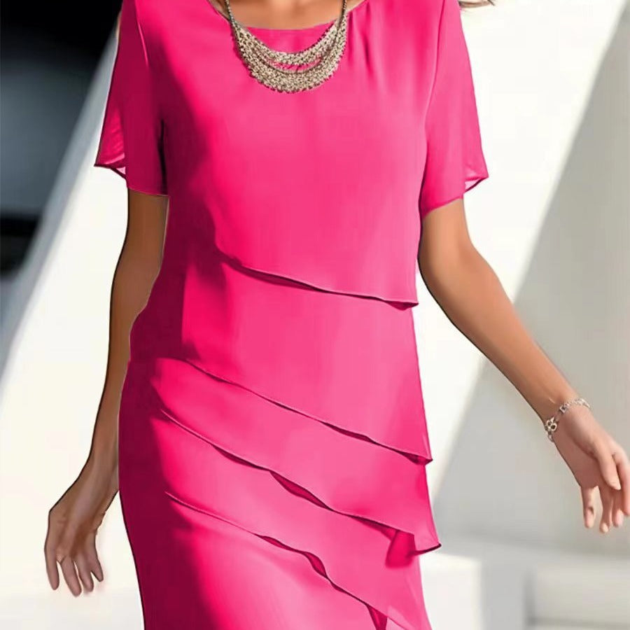 Women's layered dress with short sleeve – elegant cocktail dress for party & wedding