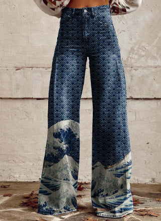 Charlotte – Printed High Waist Imitation Denim Wide Pants