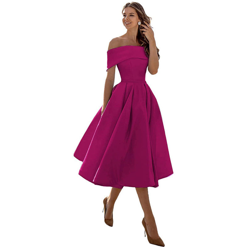 Ladies Off-Shoulder Cocktail Dress with Elegant Pleated Skirt