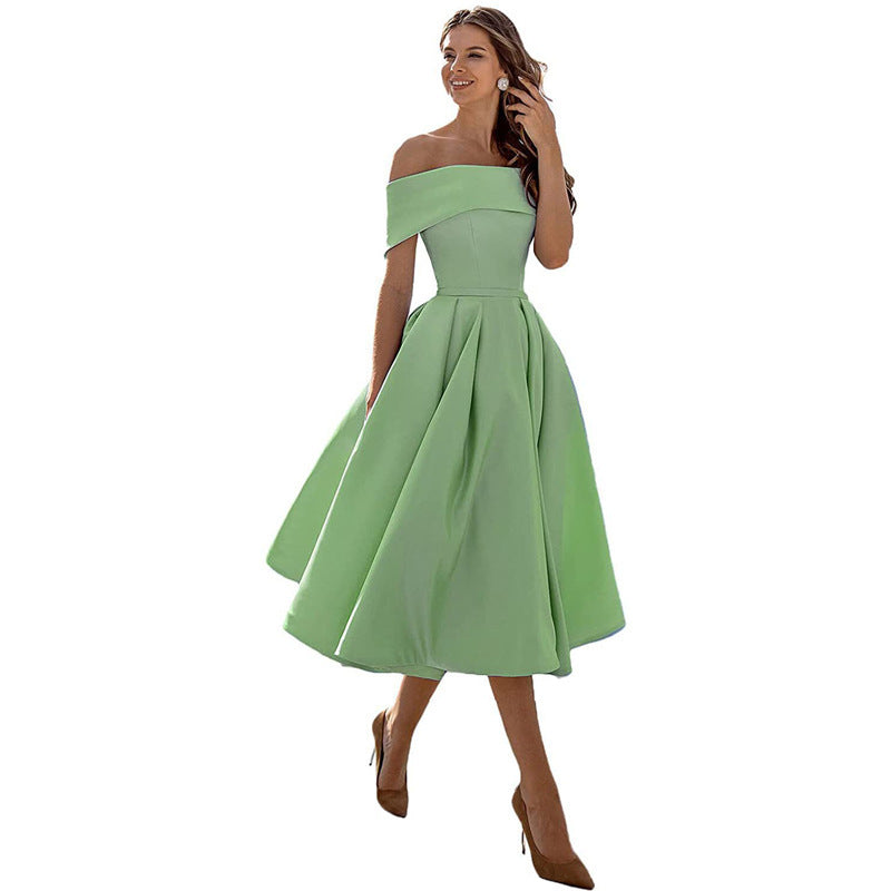 Ladies Off-Shoulder Cocktail Dress with Elegant Pleated Skirt
