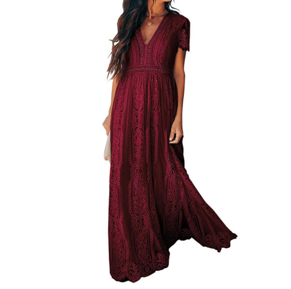 Amelia – Elegant Long Dress with Lace and Short Sleeves