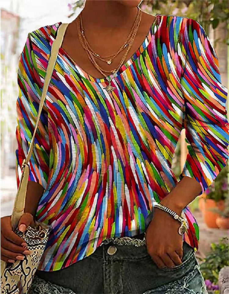 Women's Artistic Retro Geometric Pullover Top – Comfortable Stylish Blouse for Leisure Time