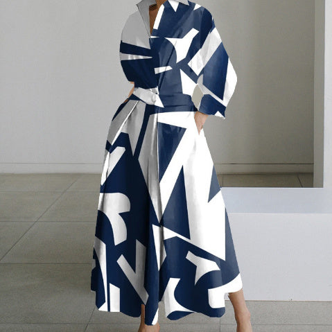 Women's stylish long dress with striking print and V-neck