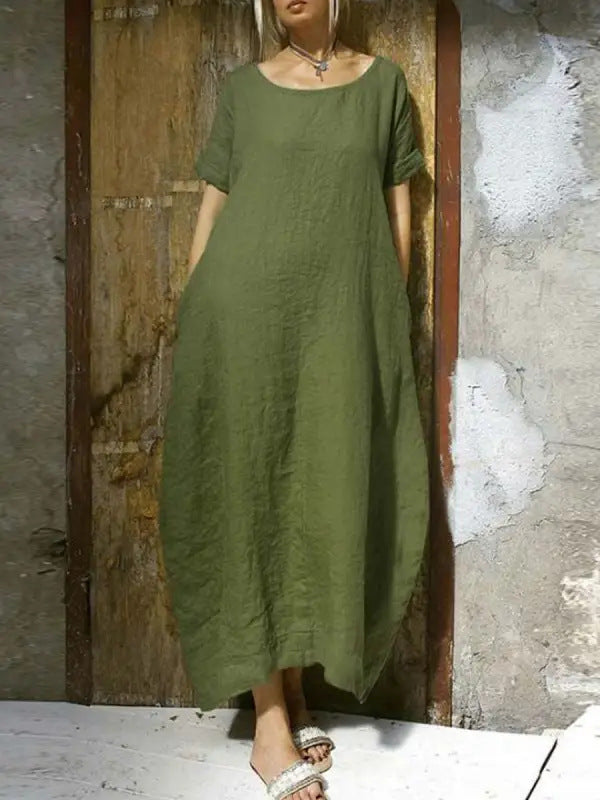 Linda – Cotton and Linen Dress with Round Neck and Short Sleeves