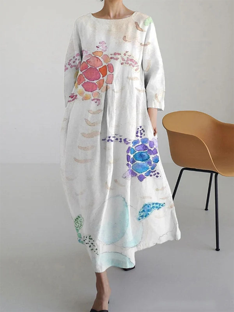 Bohemian Ladies Summer Dress with Loose Fit and 3D Floral Print in Linen Look