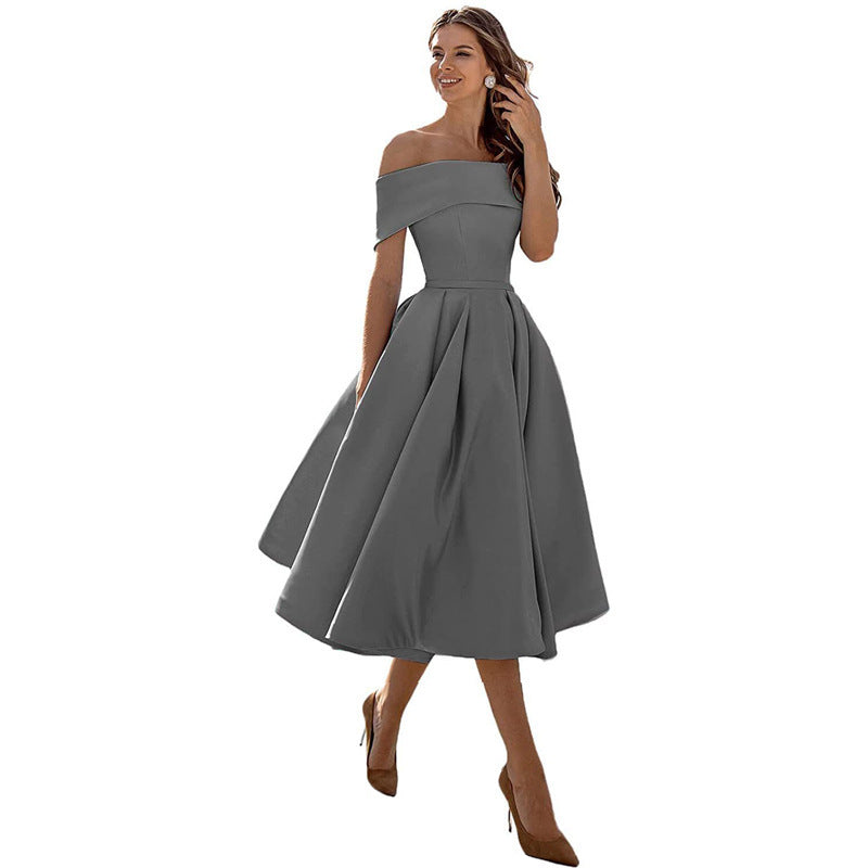 Ladies Off-Shoulder Cocktail Dress with Elegant Pleated Skirt
