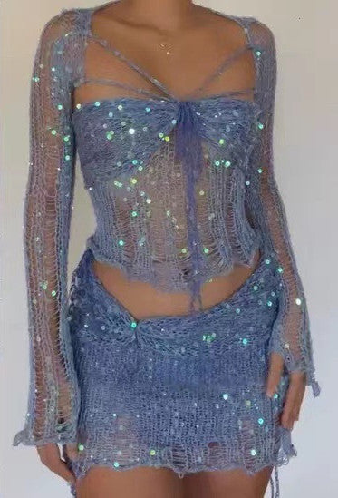 Women's fashionable 2-piece set with glitter accents and mesh effect
