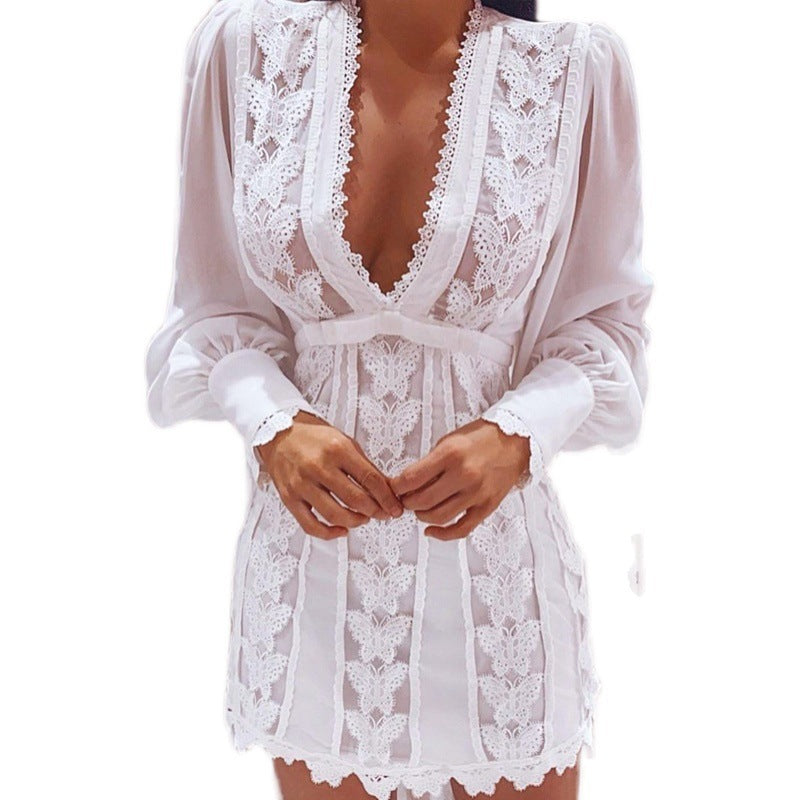 Georgina – Elegant V-Neck Lace Dress with Butterfly Sleeves