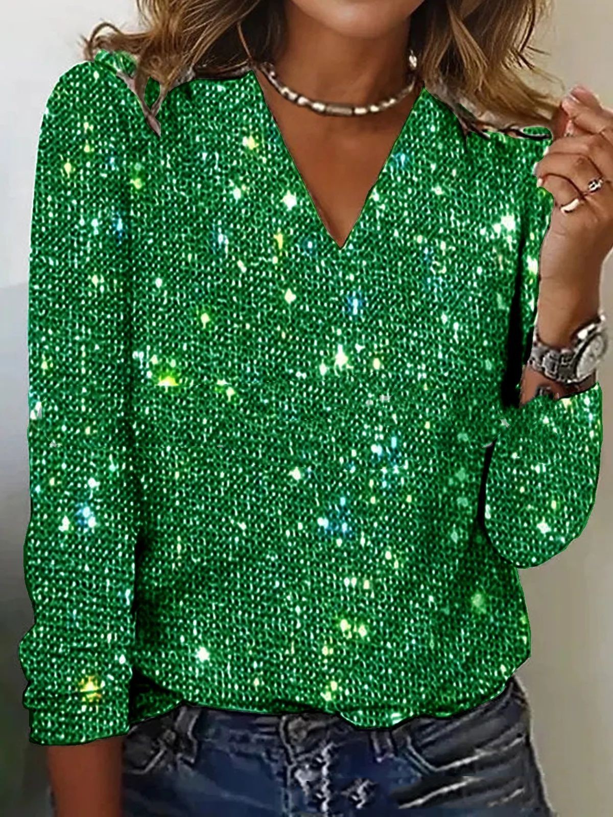 Caroline – Trendy Women's Glitter V-Neck Blouse with Long Sleeves for Spring and Summer
