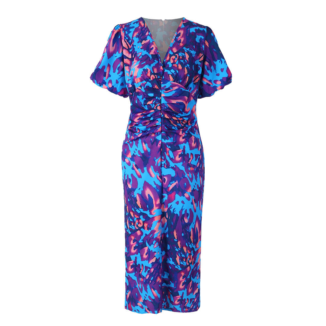 Women's Dress with Puff Sleeves and Elegant Print – Ideal for Parties and Summer Occasions