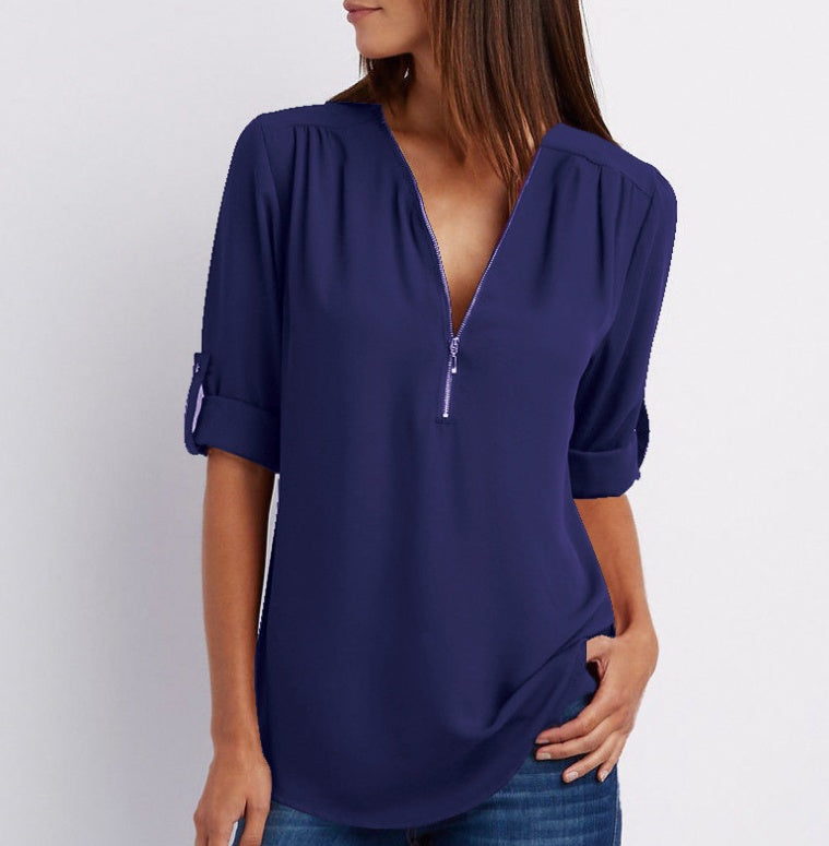 Denise – Zip V-neck Shirt Short Sleeve