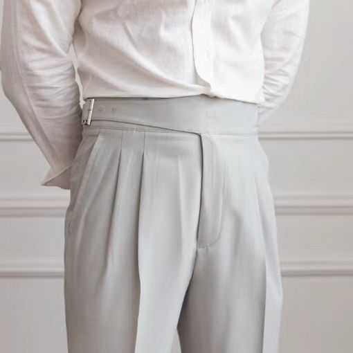 Men's High Waist Pleated Trousers – Classic Pants with Adjustable Band
