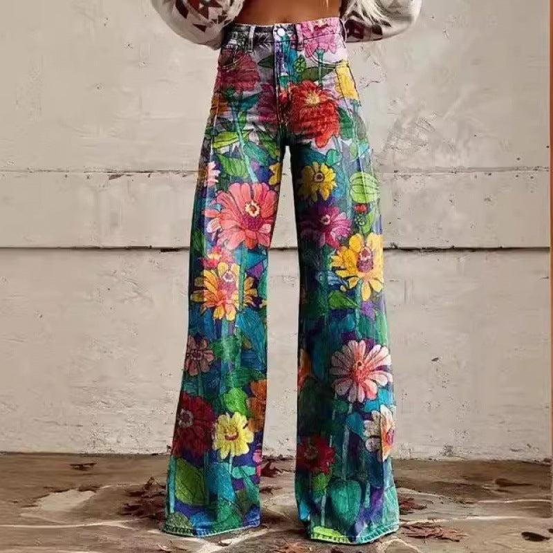 Charlotte – Printed High Waist Imitation Denim Wide Pants