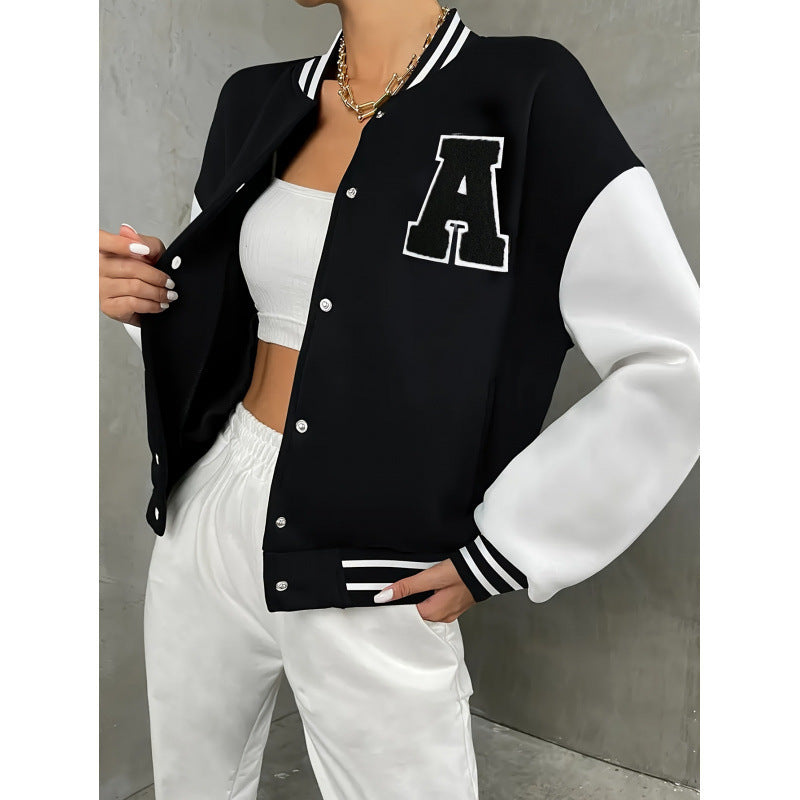 Women's Varsity Bomber Jacket with Letter Print – Sporty College Style for Casual Outfits