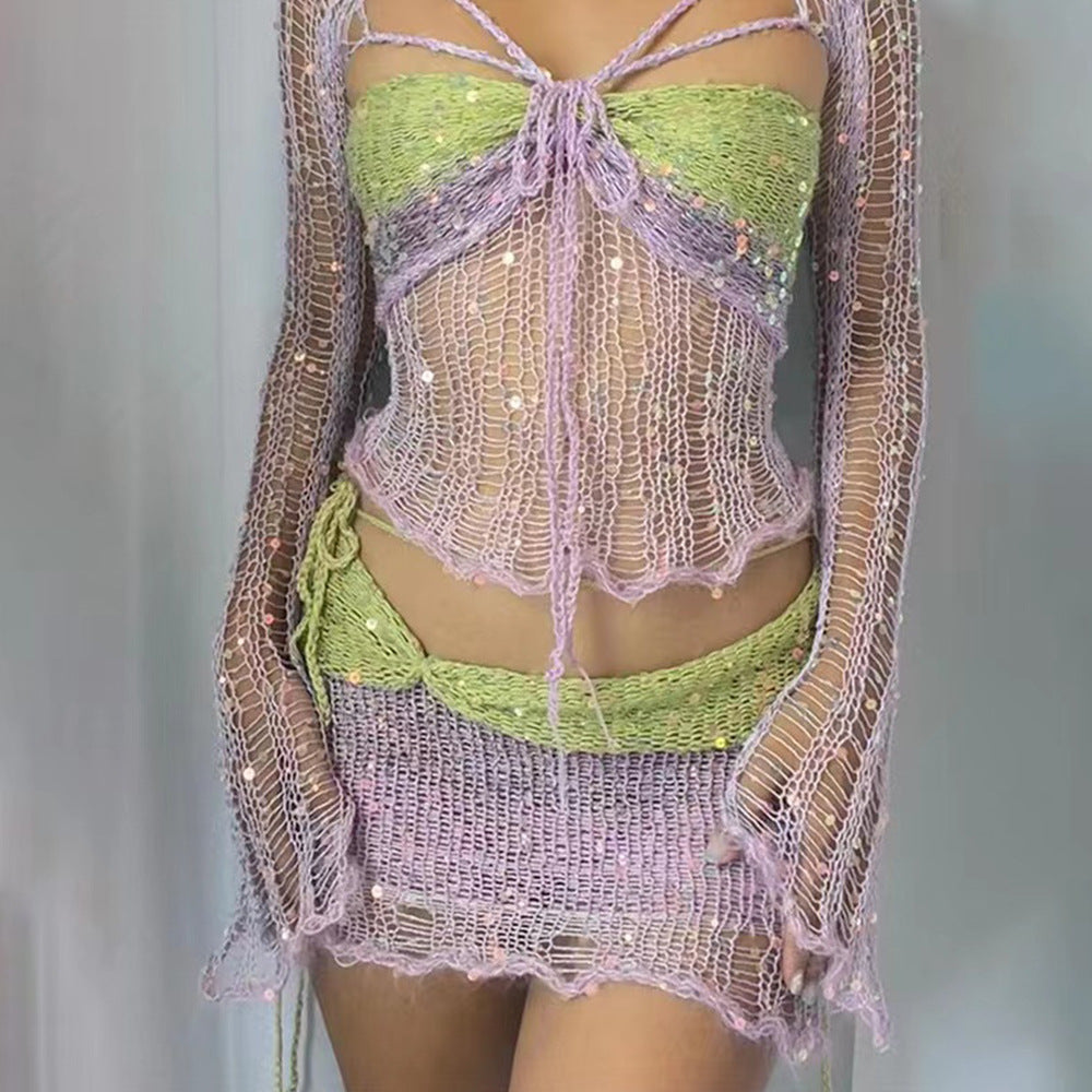 Women's fashionable 2-piece set with glitter accents and mesh effect