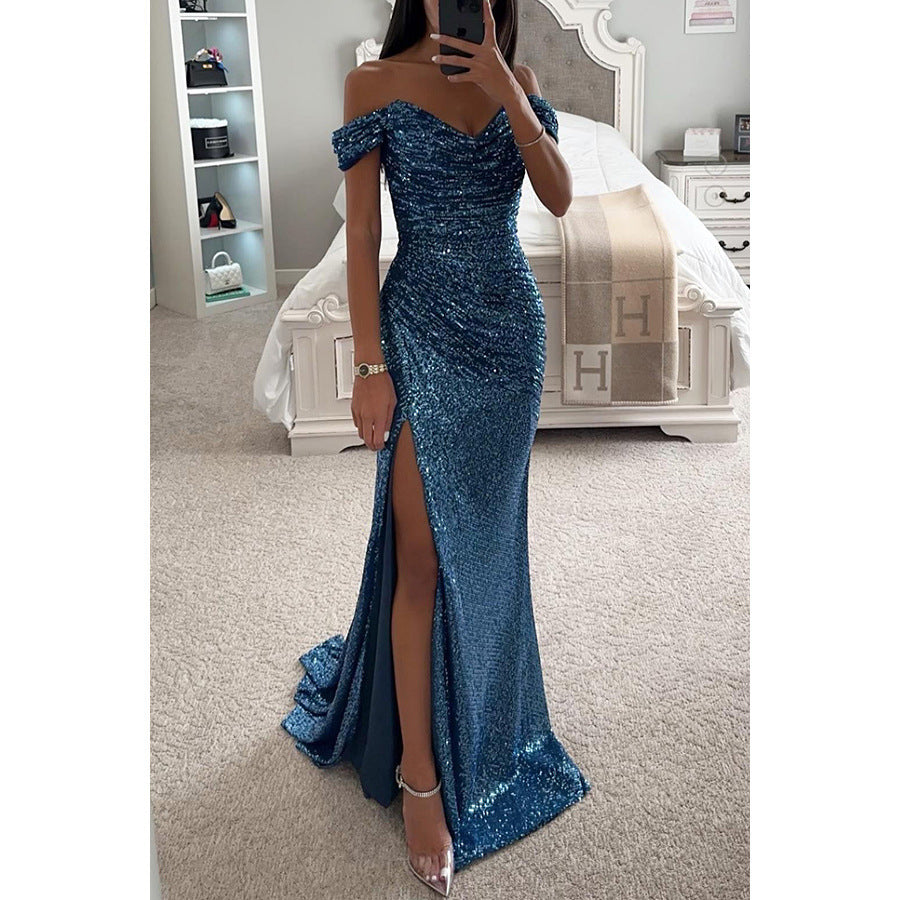 Elegant women's evening dress with off-shoulder fit and high slit