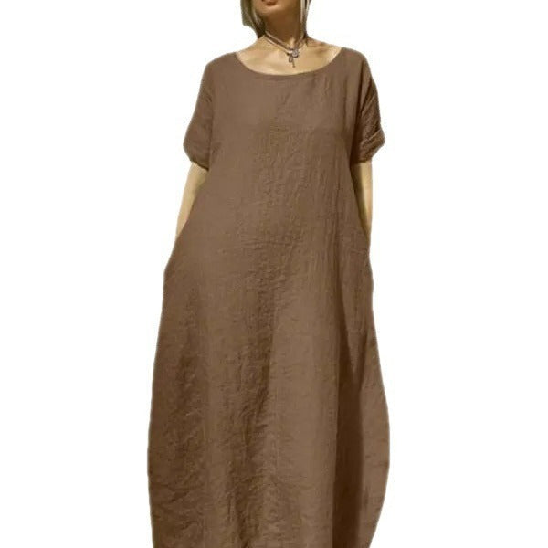 Linda – Cotton and Linen Dress with Round Neck and Short Sleeves
