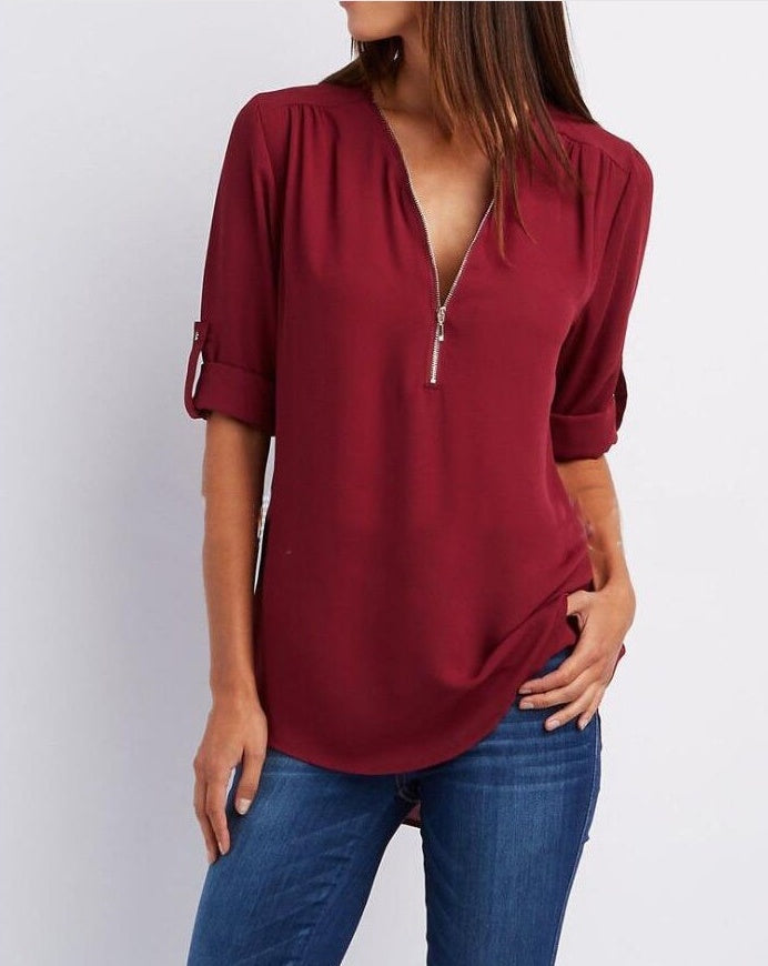 Denise – Zip V-neck Shirt Short Sleeve