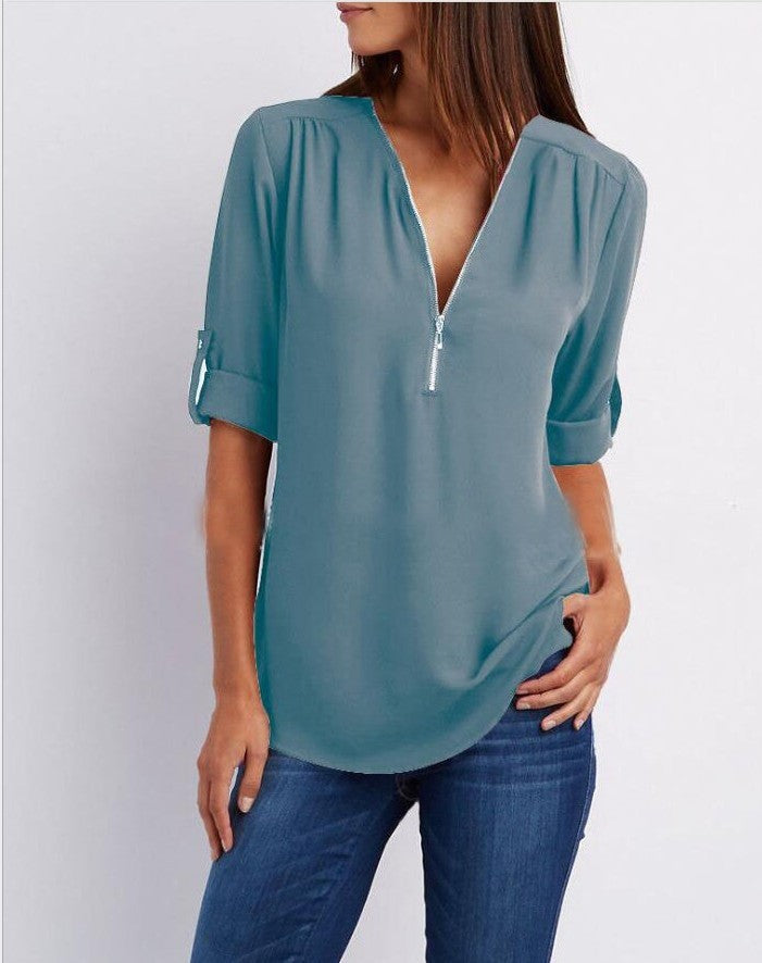 Denise – Zip V-neck Shirt Short Sleeve