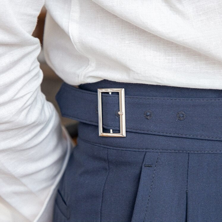 Men's High Waist Custom Pants – Classic Pleated Trousers with Buckle Closure, Business and Formal Style
